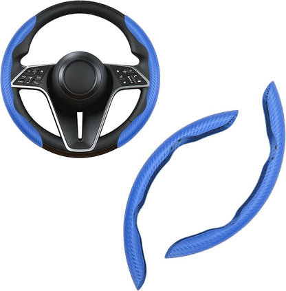 Carbon Fiber Steering Wheel Cover, 2-Piece Set Anti-Skid Comfortable Grip Segmented Butterfly Design, Easy Snap-On Installation Universal Fit 99% Cars, Blue