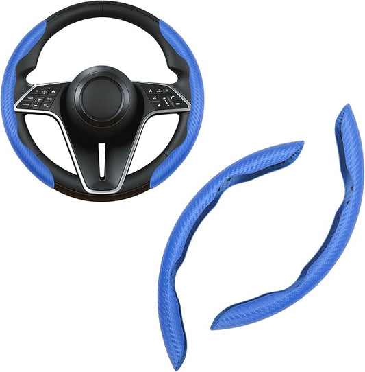 Carbon Fiber Steering Wheel Cover, 2-Piece Set Anti-Skid Comfortable Grip Segmented Butterfly Design, Easy Snap-On Installation Universal Fit 99% Cars, Blue