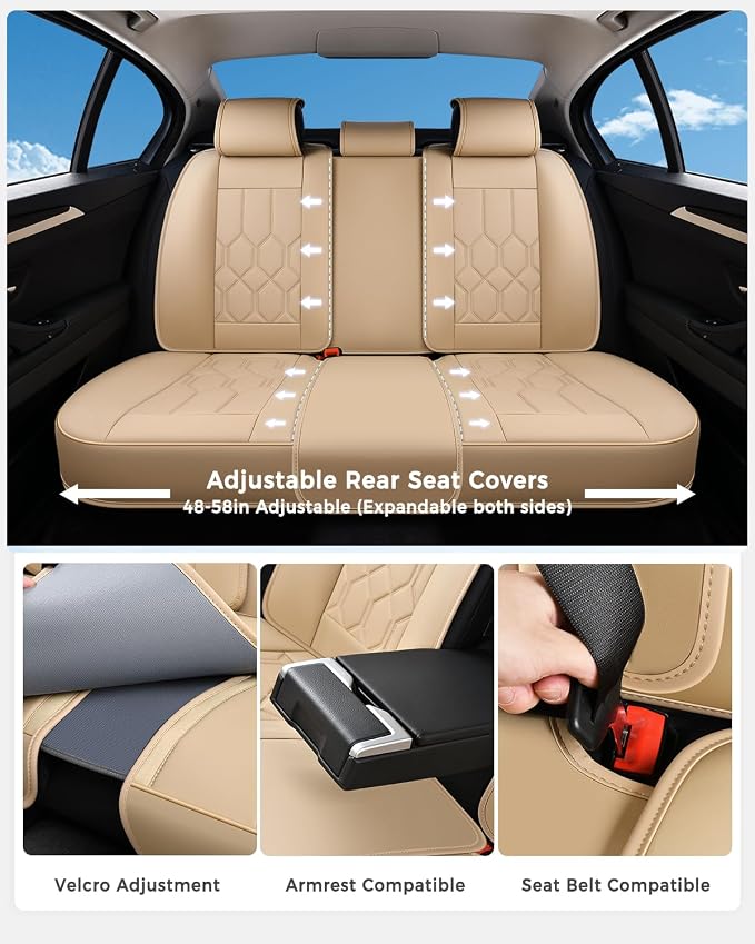 Huidasource Seat Covers Full Set, Universal Fit for Most Cars SUVs Trucks, Full Coverage Leather Automotive Seat Cover, Airbag, Cupholder Compatible, Seat Function Retain, Velcro Adjustable, Beige