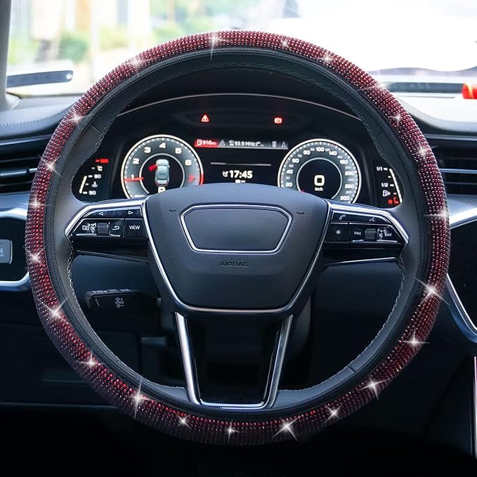 Bling Steering Wheel Cover, Rhinestone Steering Wheel Cover with Crystal Diamond for Women, Sparkling Car Wheel Protector Universal Fit 14-15 inches - Red