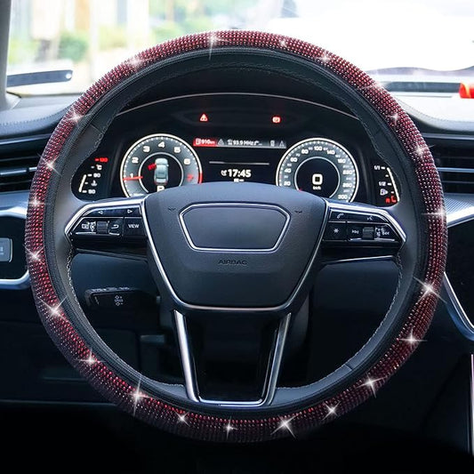 Bling Steering Wheel Cover, Rhinestone Steering Wheel Cover with Crystal Diamond for Women, Sparkling Car Wheel Protector Universal Fit 14-15 inches - Red
