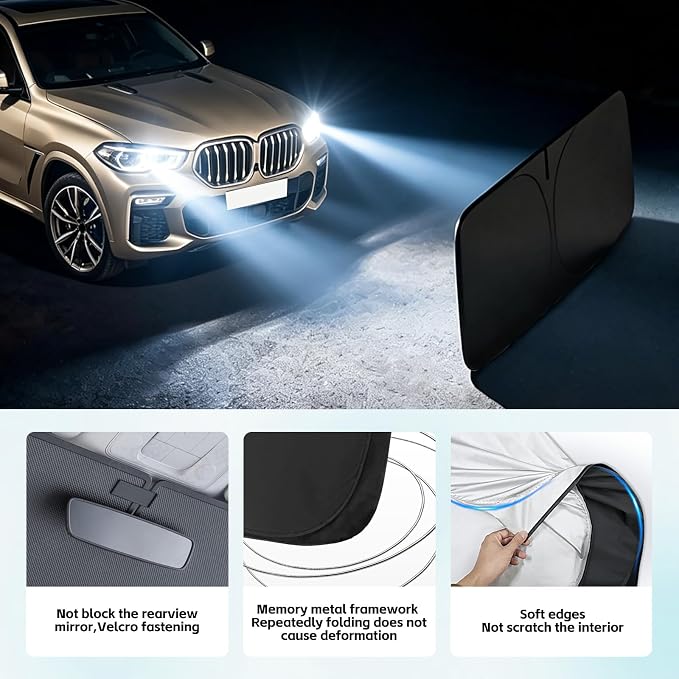 Windshield Sun Shade for BMW X6 2015-2026 Sunshade 300T Windshield Cover Shield Protector Blocks UV Rays Custom Fit X6 Front Window Shades Windshield Accessories Keep Cool Foldable