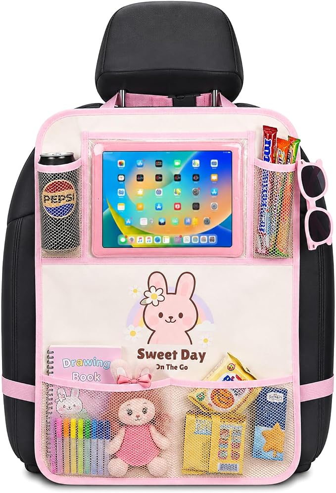 Backseat Car Organizer for Kids, Car Seat Organizer with 11” Touch Screen Tablet Holder, Rear Seat Storage Bag with Drink Pockets, Anti-Kick Seat Back Protector for Travel (Pink Rabbit)