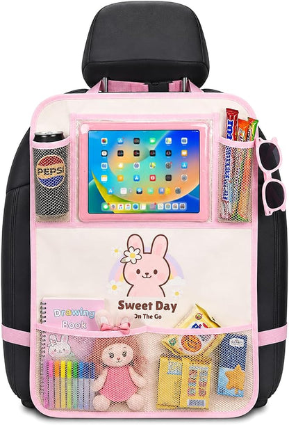 Backseat Car Organizer for Kids, Car Seat Organizer with 11” Touch Screen Tablet Holder, Rear Seat Storage Bag with Drink Pockets, Anti-Kick Seat Back Protector for Travel (Pink Rabbit)