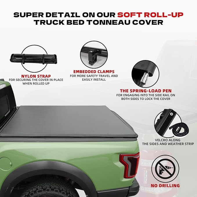 Soft Roll Up Truck Bed Tonneau Cover Compatible with 2002-2018 Dodge Ram 1500; 2003-2025 2026 Ram 2500 3500; 2019-2024 Classic | 6'4" (76") Bed Without Rambox
