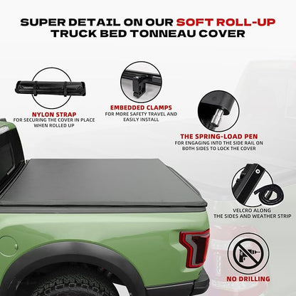 Soft Roll Up Truck Bed Tonneau Cover Compatible with 2009-2025 2026 Dodge Ram 1500 (Incl. Classic & New) 5.7 ft Bed Without Rambox | 5.7FT(67.4")
