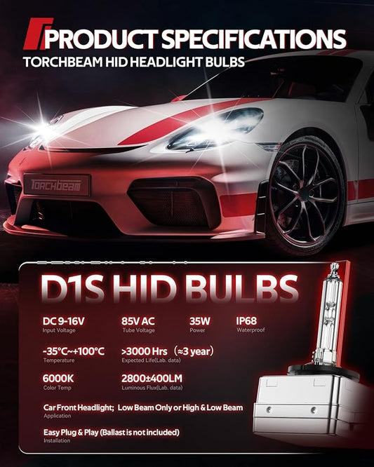 Torchbeam D1S HID Bulbs, 6000K Cool White, 300% Lighting Distance, Xenon Bulb, IP67 Design for Replace 66144 66140 85140 85415 85415C1, Pack of 2
