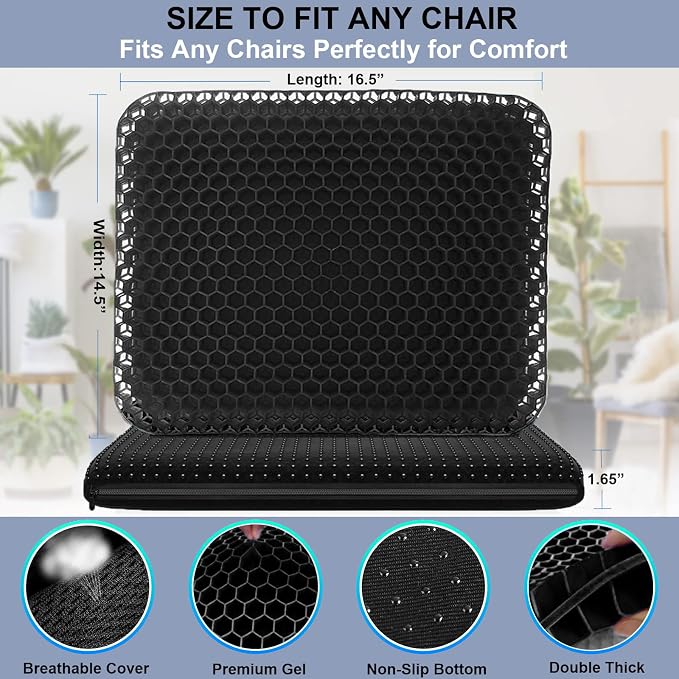 Gel Seat Cushion for Long Sitting Pressure Relief - Non-Slip Gel Chair Cushions for Back, Sciatica, Tailbone Pain Relief - Seat Cushion for Office Desk Chair, Car Seat – Wheelchair Cushions