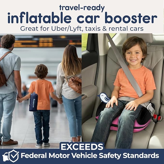 Hiccapop UberBoost Inflatable Booster Car Seat | Blow up Narrow Backless Booster Car Seat for Travel | Portable Booster Seat for Toddlers, Kids, Child | Pink/Black