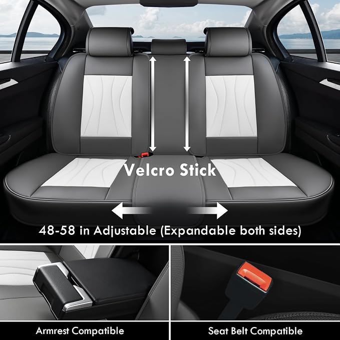Coverado Seat Covers Full Set, Leather Car Seat Covers, Waterproof Seat Covers for Cars, Front and Back Seat Covers, Car Seat Protectors Car Seat Cushions Universal Fit for Most Cars, Gray&White