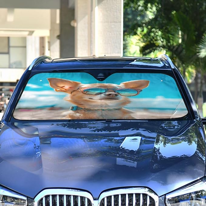 Windshield Sun Shade Chihuahua Dog Summer Beach Front Window Block UV Shades Visor Reflective Retractable for Car SUV Trucks