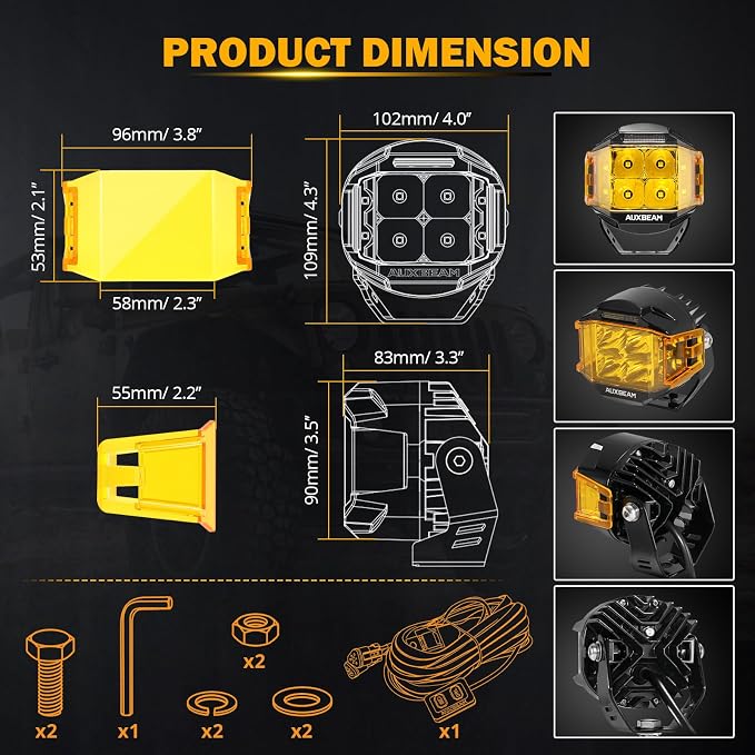 Auxbeam V-MAX Series 4in 92W Round LED Pods with Amber Covers, Side Shooter LED Offroad Driving Light with DRL, 270° Combo Beam Pattern Universal Auxiliary Light for Truck ATV Wrangler Ford Pickup