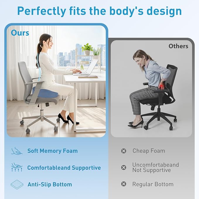 BlissTrends Extra Thick Seat Cushion for Office Chair & Car Seat,LightBlue | Tailbone & Sciatica Relief, Ergonomic Support, High-Density Memory Foam, Comfort for Extended Sitting