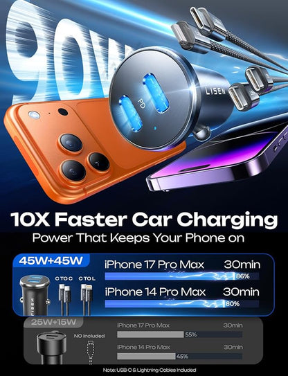 LISEN 90W Car Charger USB C Fast Charge, USB C Car Charger Fast Charge, Type C Car Charger for iPhone 17 Pro Max 16 15 14 13 12 11, for Samsung S26 S25 S24 [with Lighning & USB-C Cable]