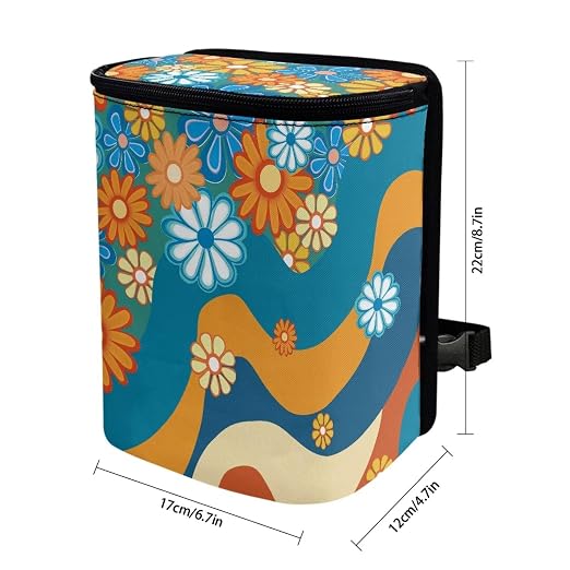 Boho Hippie Flower Swirl Pattern Car Trash Can Leakproof Garbage Bag with Lid and Zipper 1.2Gal Trash Bin Hanging for Back Seat Car Accessories Universal Fit