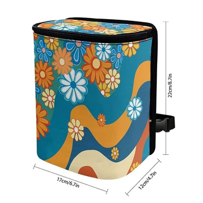 Boho Hippie Flower Swirl Pattern Car Trash Can Leakproof Garbage Bag with Lid and Zipper 1.2Gal Trash Bin Hanging for Back Seat Car Accessories Universal Fit