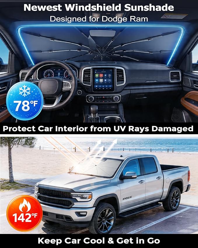 DMJN Umbrella Windshield Sun Shade for Dodge Ram 1500 2500 3500 (2011-2026), Car Sunshade for Front Windshield [Nano Ice-Crystal Coatings] UPF50+ Heat & UV Block, Protect Interior & Keep Cooler