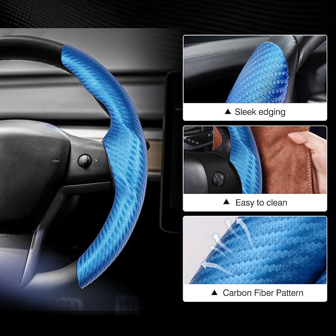 Canvcle Steering Wheel Cover for Tesla Model 3/Model Y Accessories Carbon Fiber Steering Wheel Cover Protector Anti-Slip, Comfortable Grip, Breathable, Model 3/Y Accessories, Blue