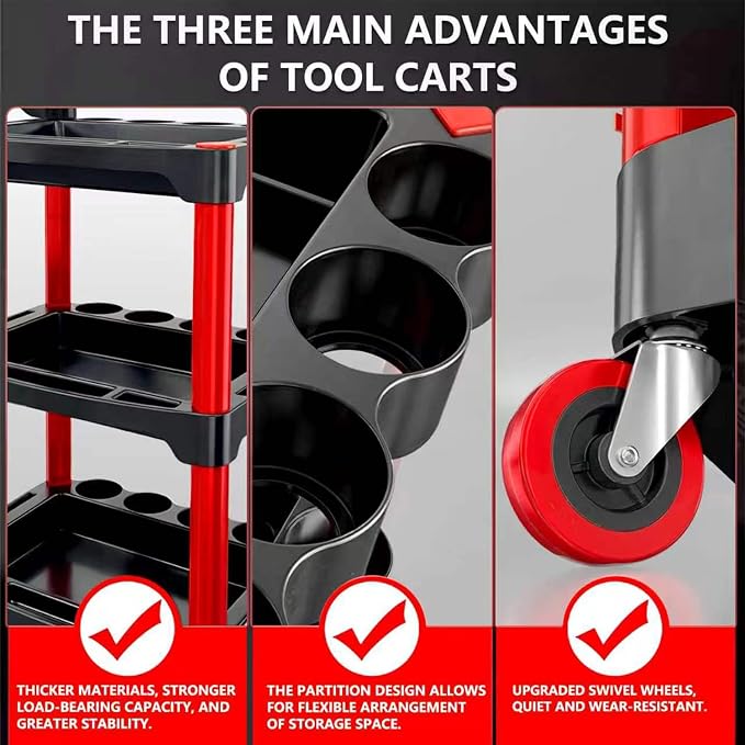 Auto Detailing Cart with Wheels, 3 Tier Rolling Detail Cart, Car Wash Organizer for Detailers Garage, Workshop, Repair Shop, Storage Tool