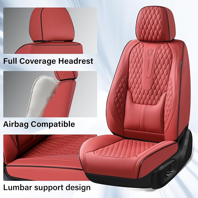 Coverado Car Seat Covers Front, Nappa Leather Seat Covers for Cars, Waterproof Seat Covers with Lumbar Support Universal Fit for Most Cars SUV Trucks, Automotive Seat Covers (Front, Red-Blackline)