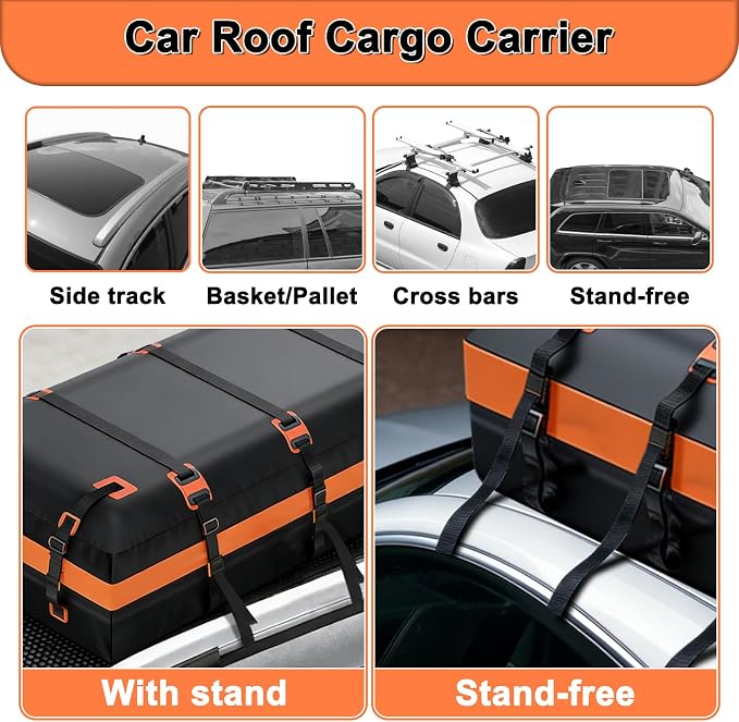 20 Cubic Feet Roof Cargo Bag - Heavy Duty Waterproof Car Top Carrier with 840D PVC, Anti-Slip Mat, 6 Door Hooks, Luggage Lock, for SUV Truck Minivan Without Rack