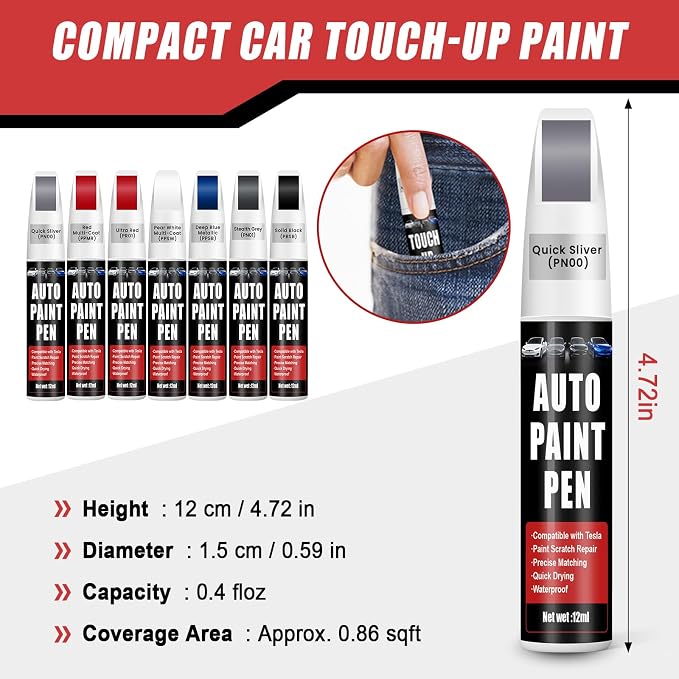 Touch Up Paint for Cars (Quicksilver PN00), Compatible with Tesla Model Y/3, 0.4 fl oz Color Accurate 2-in-1 Car Paint Scratch Repair Pen, Seamless Match, Easy to Use, Long-Lasting