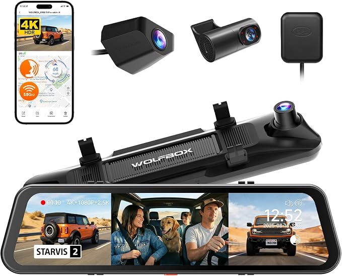 WOLFBOX G900 Tripro Cabin-N 3 Channel 4K Mirror Dash Cam, 4K+1080P+2.5K Front Inside Rear View Mirror Camera, 8MP STARVIS 2 IMX678 Night Vision, 12" Smart Screen, 5.8G WiFi (SD Card Not Included)