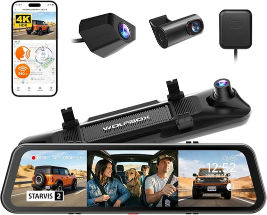 WOLFBOX G900 Tripro Cabin-N 3 Channel 4K Mirror Dash Cam, 4K+1080P+2.5K Front Inside Rear View Mirror Camera, 8MP STARVIS 2 IMX678 Night Vision, 12" Smart Screen, 5.8G WiFi (SD Card Not Included)