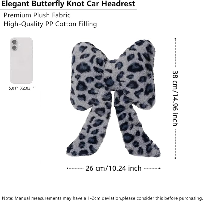 Car Neck Pillow 2PCS Plush Bowknot Car Headrest Pillow – Comfortable Neck Support for Driving Soft Touch Fabric Car Pillow Cute Interior Decor (Blue Leopard)