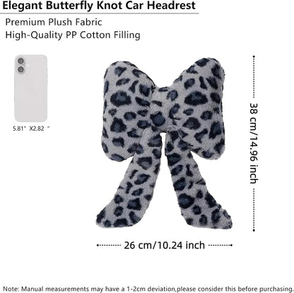Car Neck Pillow 2PCS Plush Bowknot Car Headrest Pillow – Comfortable Neck Support for Driving Soft Touch Fabric Car Pillow Cute Interior Decor (Blue Leopard)