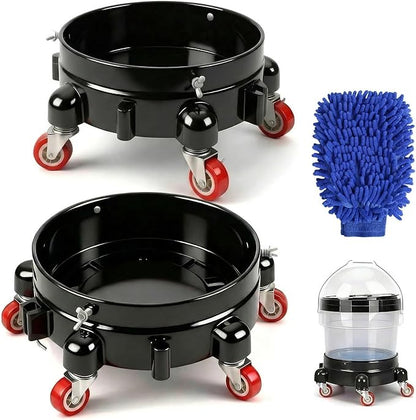 1 Pc 5 Gallon Bucket Dolly 11 Inch 1 Black Set | 1 car Washing Glove 5 Heavy Duty Wheel Casters 360°Rolling Connectable Locking Black Set for Car Wash Garden & Garage