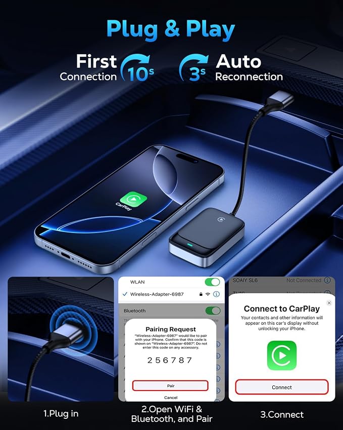 MoKo Wireless CarPlay Adapter for iPhone 2025, Only for iPhone iOS 10+ and Cars with Built-in Car Play, Converts Wired Car Play to Wireless Dongle,Plug and Play Fast Response Bluetooth CarPlay Adaptor