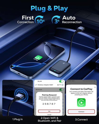 MoKo Wireless CarPlay Adapter for iPhone 2025, Only for iPhone iOS 10+ and Cars with Built-in Car Play, Converts Wired Car Play to Wireless Dongle,Plug and Play Fast Response Bluetooth CarPlay Adaptor