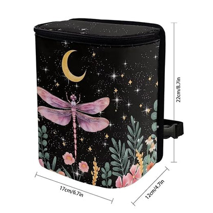 Talayituse Dragonfly Flower Moon Print Car Trash Can with Lid, Leak Proof Auto Trash Bag Hanging Vehicle Garbage Can Multipurpose Storage Container for Back Seat Road Trip