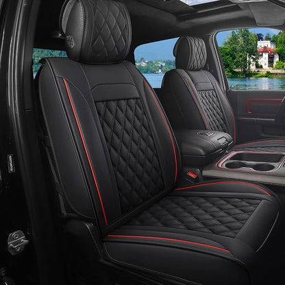 JOJOBAY Car Seat Covers for Dodge Ram,Fit 2009-2025 1500/2500/3500 HD Pick-up Truck,Crew,Regular,Quad,Mega Cab,Waterproof Synthetic Leather Seat Covers(5PCS-Full Set,Black-Red)