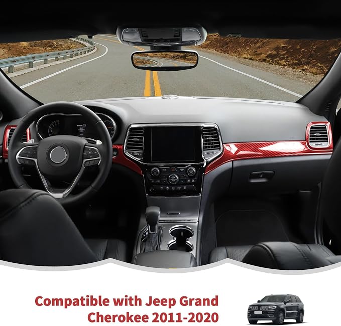 RT-TCZ Center Console Dashboard Panel Trim Inner Door Handle Cover Interior Trim Kit Decor Accessories for Jeep Grand Cherokee 2011-2020,Red Carbon Fiber