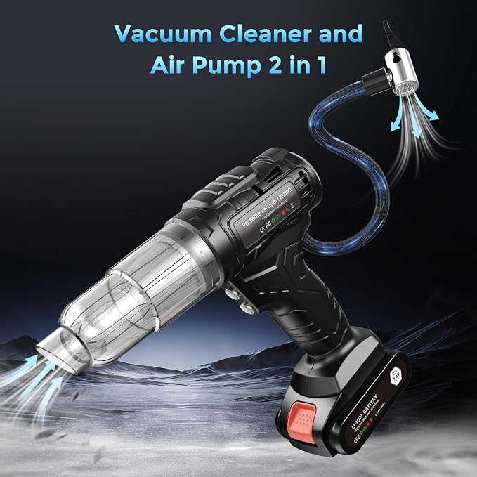 Car Vacuum Portable CordlessTire Inflator for Car 2in1, 40000Pa High Power Dust Buster, Rechargeable 2 Batteries Powered Vacuum Cleaner for Office Home Pet Hair Gifts for Husband Men Black