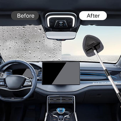 Qydipclin 7pcs Windshield Cleaner Tool Car Window Cleaning Wash Kit with 4 Reusable Microfiber Pads 1 Spray Bottle and Extendable Handle Auto Glass Wiper Kit, Gray