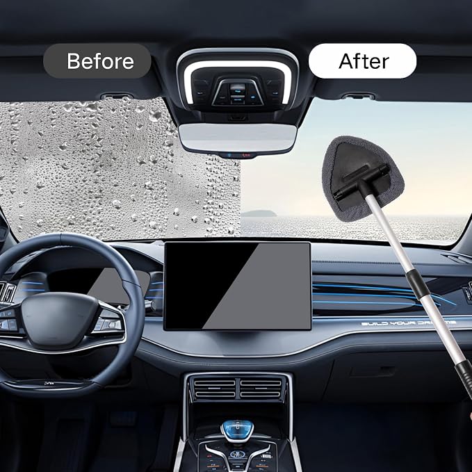 Qydipclin 11pcs Windshield Cleaner Tool, Car Window Cleaning Wash Kit with 6 Reusable Microfiber Pads 2 Spray Bottles and Extendable Handles Auto Glass Wiper Kit, Gray