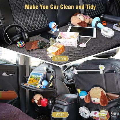Tsumbay Car Backseat Organizer with Tablet Holder,9 Storage Pockets Foldable Table Tray Seat Back Protectors Kick Mats -PU Leather 1Pck