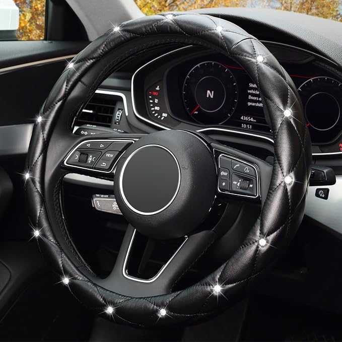 KAFEEK Diamond Soft Leather Steering Wheel Cover with Bling Bling Crystal Rhinestones, Universal 15 inch Anti-Slip, Car Interior Accessories for Women Girls, Black