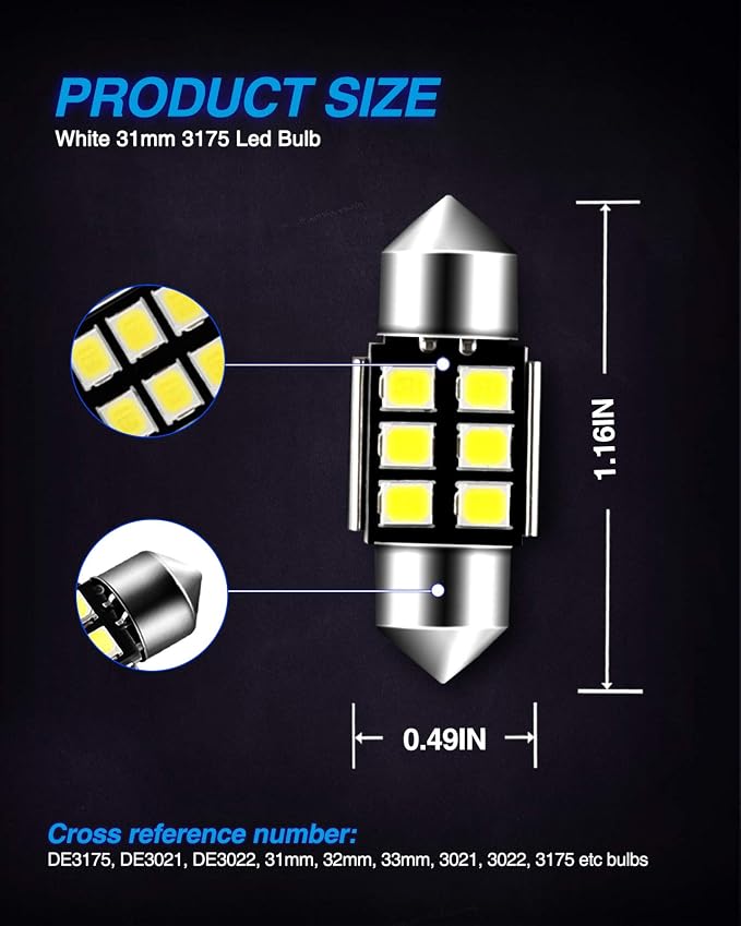 Marsauto DE3175 LED Bulb 31mm Festoon LED Bulbs White 1.2inch Super Bright 300LM 6500K 2835SMD 3175 DE3021 3022 3021 for Car Interior Dome Map License Plate Lights RV Exterior Lighting Pack of 4
