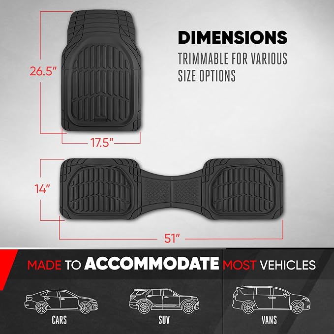 Motor Trend FlexTough LITE Rubber Car Mats Full Set - All Weather Floor Mats for Cars & SUVs - Automotive Waterproof Black Car Floor Mats for Cars Interior Accessories Universal Trim-to-Fit