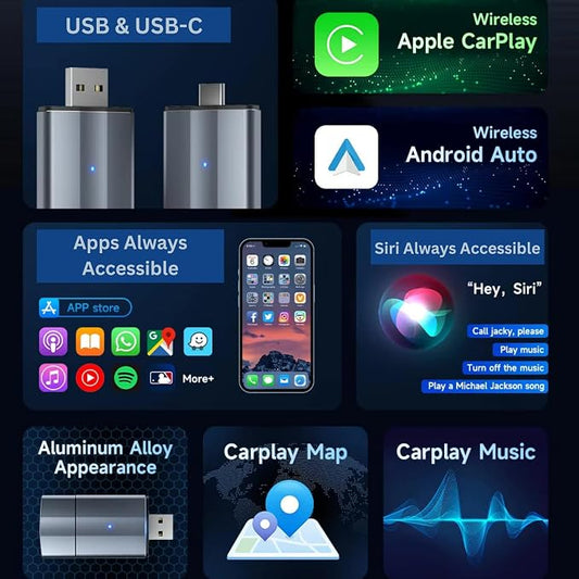 Wireless Car Play Adapter - Convert Wired to Wireless for iPhone & Android | Car Play for Vehicles 2017+ | Bluetooth Connection | Hands-Free Control | Charger with 2.6 ft. Retractable Charging Cord