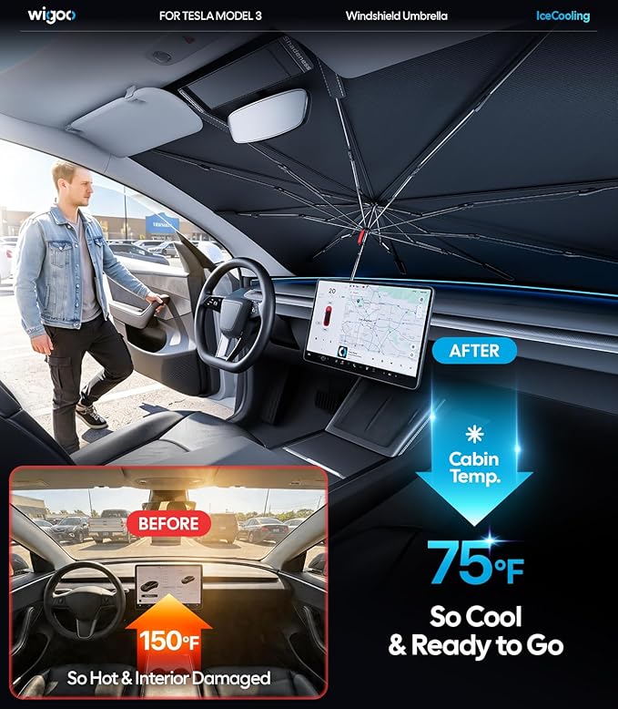 Wigoo Windshield Sun Shade Umbrella for Tesla Model 3 [100% Sun Blockage, Ice Cooling Fabric] Reflective Heat Insulation, Foldable Front Window Sunshade Umbrella for Tesla Model 3 2017–2026