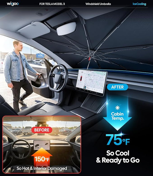 Wigoo Windshield Sun Shade Umbrella for Tesla Model 3 [100% Sun Blockage, Ice Cooling Fabric] Reflective Heat Insulation, Foldable Front Window Sunshade Umbrella for Tesla Model 3 2017–2026