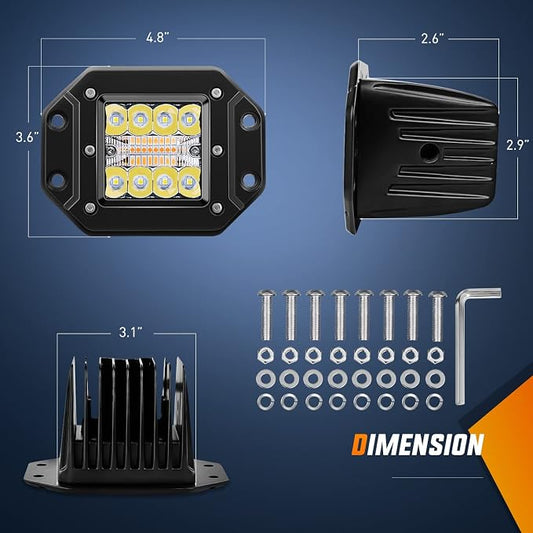 Nilight 2PCS 42W Light Pods Flush Mount Spot Flood Amber White Strobe 6 Modes Memory Function for Fog&Snow Off-Road Truck Car ATV JEEP Cabin Boat with 16AWG Wiring Harness Kit-2 Leads