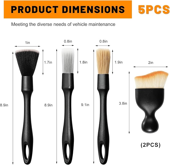 5PCS Car Detailing Brush Kit, Auto Cleaning Kit Includes 2 Vent Cleaners & 3 Ultra Soft No Scratch Boar Hair Brushes, Multi-Use Interior & Exterior Detailing Brush for Most Cars (Style A)