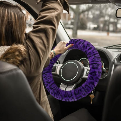 Accmor Fuzzy Car Steering Wheel Cover, Universal Fit Fur Car Wheel Cover & Handbrake Cover & Gear Shift Cover Set, Fluffy Fashion Leopard Print Auto Steering Wheel Protector for Women Girls(Purple)