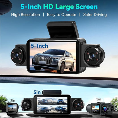 360°View 4 Channel Dash Cam, 5'' IPS Large Screen Dash Camera for Cars, 4K+1080P Front and Rear Inside Left Right, Built-in IR Night Vision, 24H Parking Mode, 64GB SD Card, Wireless APP Transmission